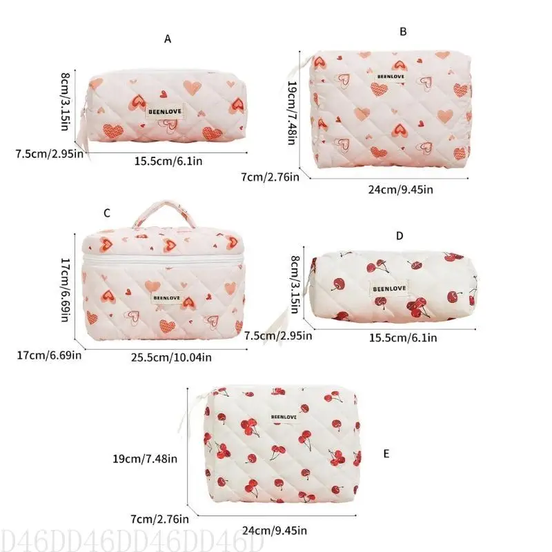 

D46D Quilted Cotton Cosmetic Case Heart Pattern Toiletry Bag for Organized Travel