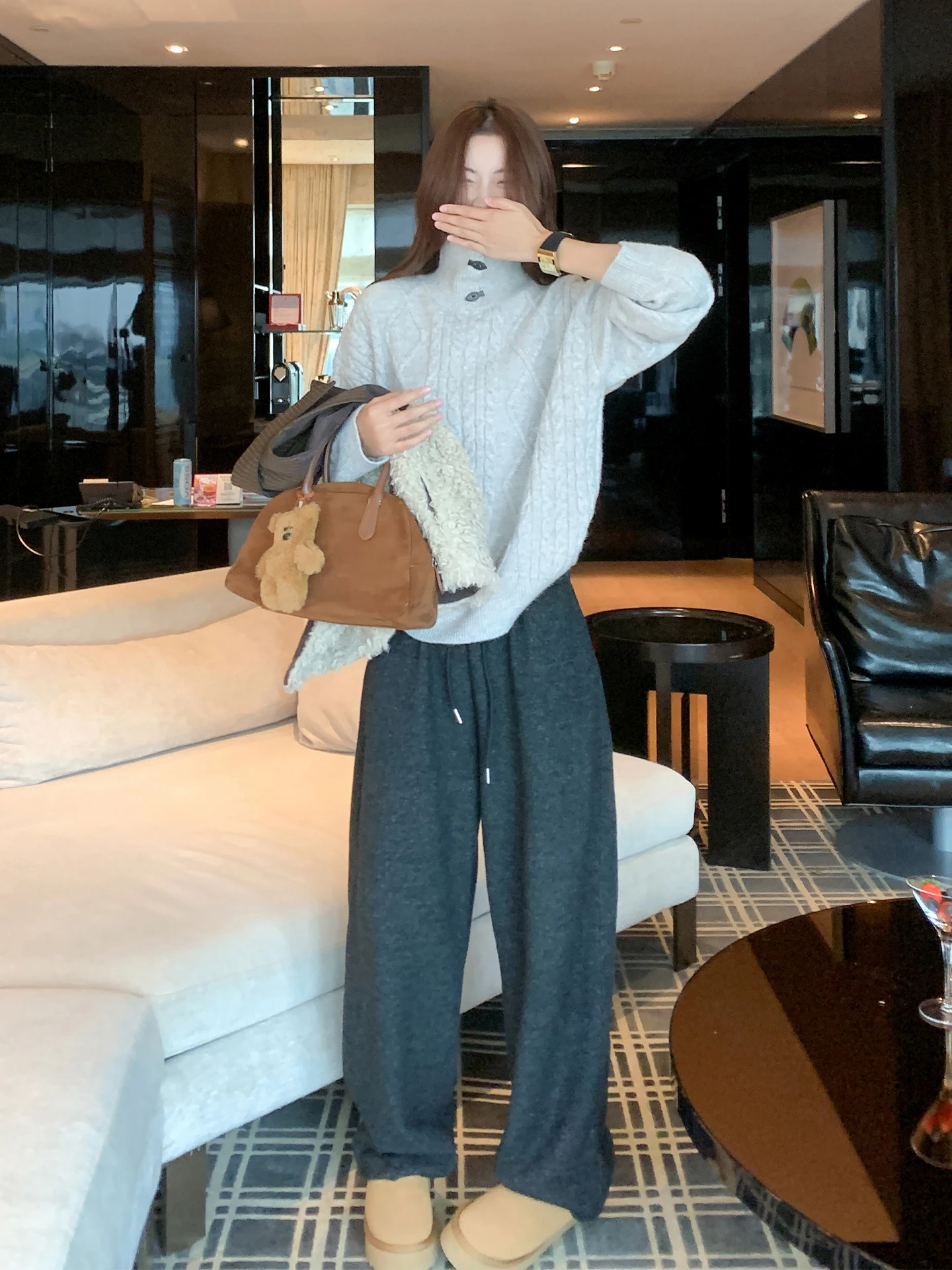 Zeng Xiao Salt Korean Sle High Collar Loose Women's Knitwear ey Autumn Winter Boting Sweater Soft Polyester Blend