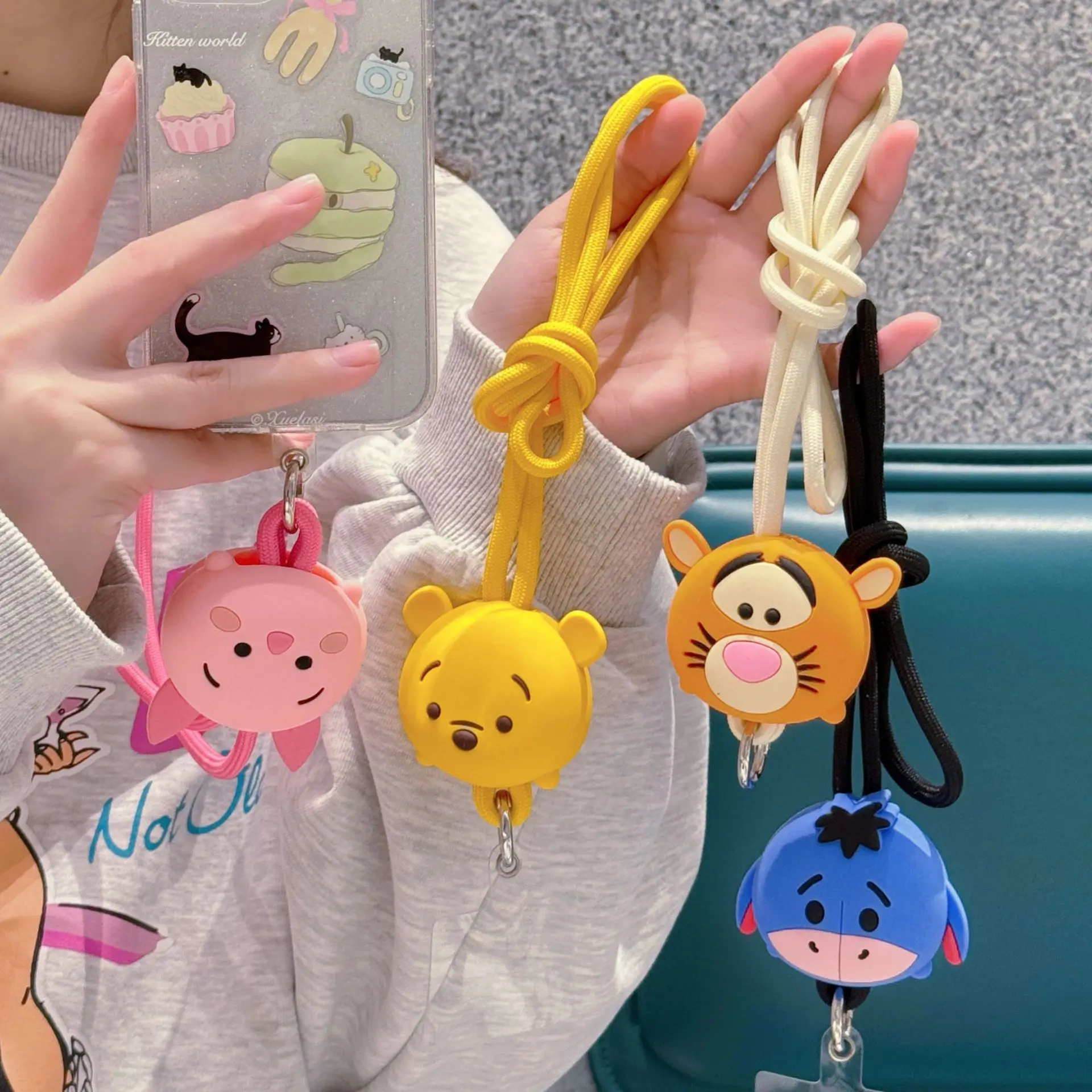 Disney Anime Piglet Eeyore Tiger Creative 3D Silicone Doll Phone Hanging Rope Cute Cartoon Stitch ID Hanging Neck Long Rope Gift