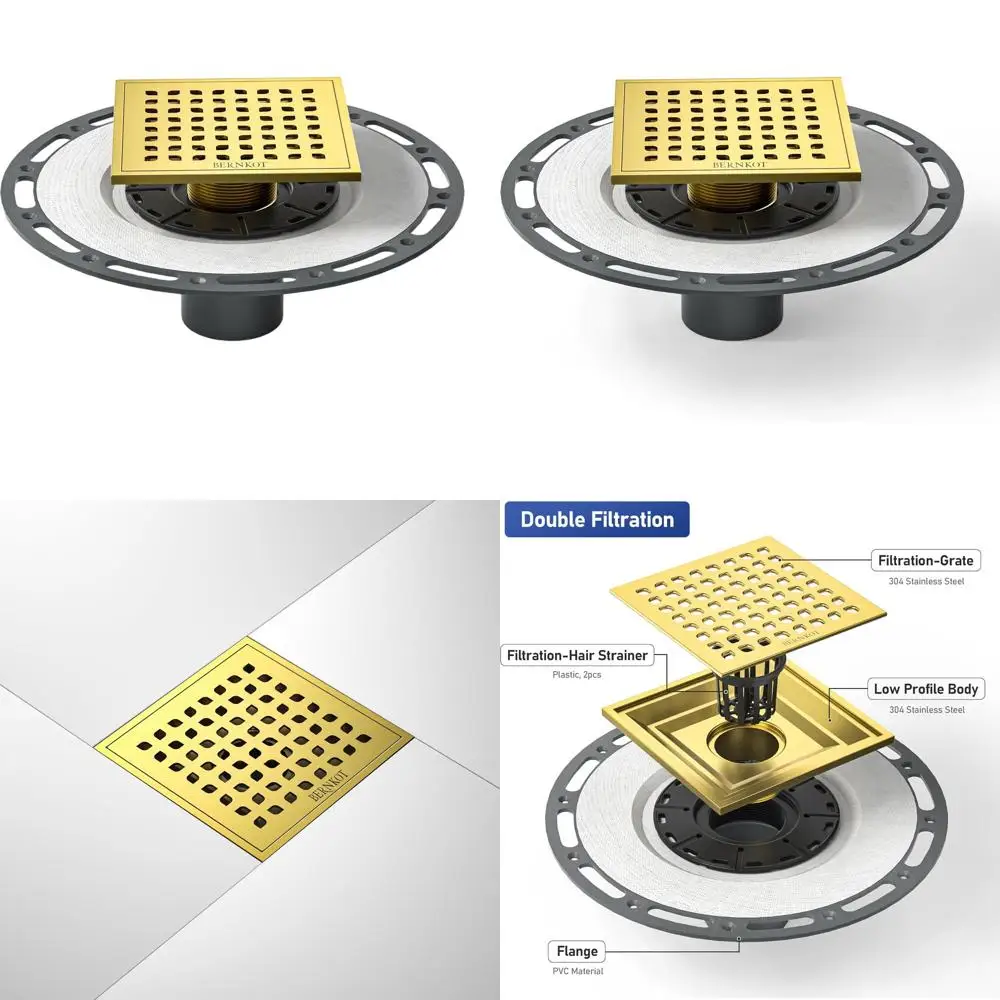 

6 Polished Gold Square Shower Drain with 304 Stainless Steel Grate and PVC Flange Base for Low Profile Tiles