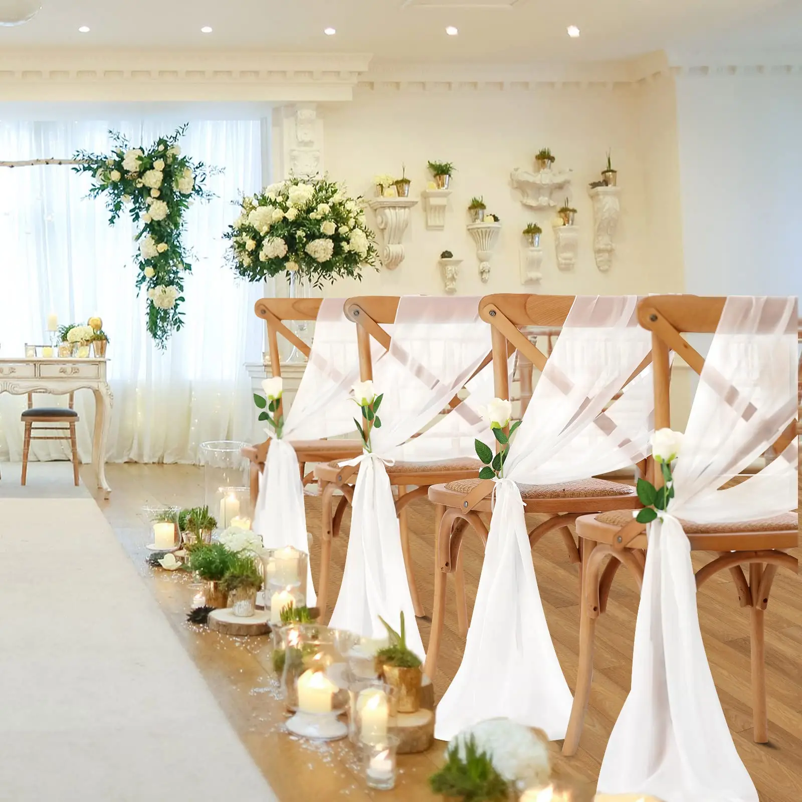 24 Pcs 17x275cm White  Chiffon Chair Sashes 12 SetChair Sash Wedding Chair Covers Ribbon Wedding Party Aisle Chair Decor