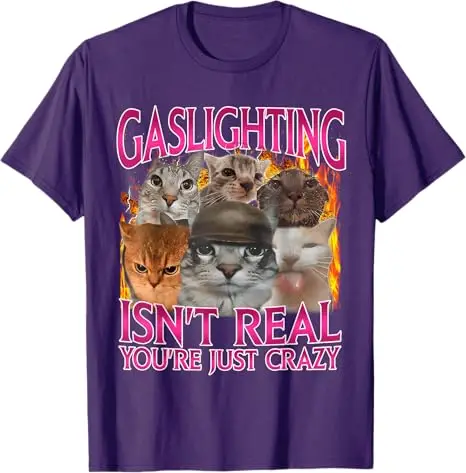 Gaslighting Isn't Real You're Just Crazy Funny Cat Meme T-Shirt Y2k Cute Kitty Saying Tee Novelty Gift Short Sleeve Blouses Tops