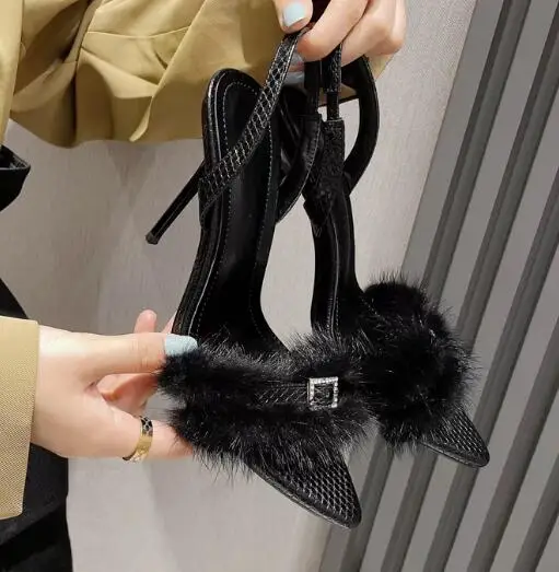 

Newest Black Mink Fur Small Crystal Buckle One Line Slingback Summer Sandals Women Sexy Elastic 8 10 CM Stiletto Heels Shoes