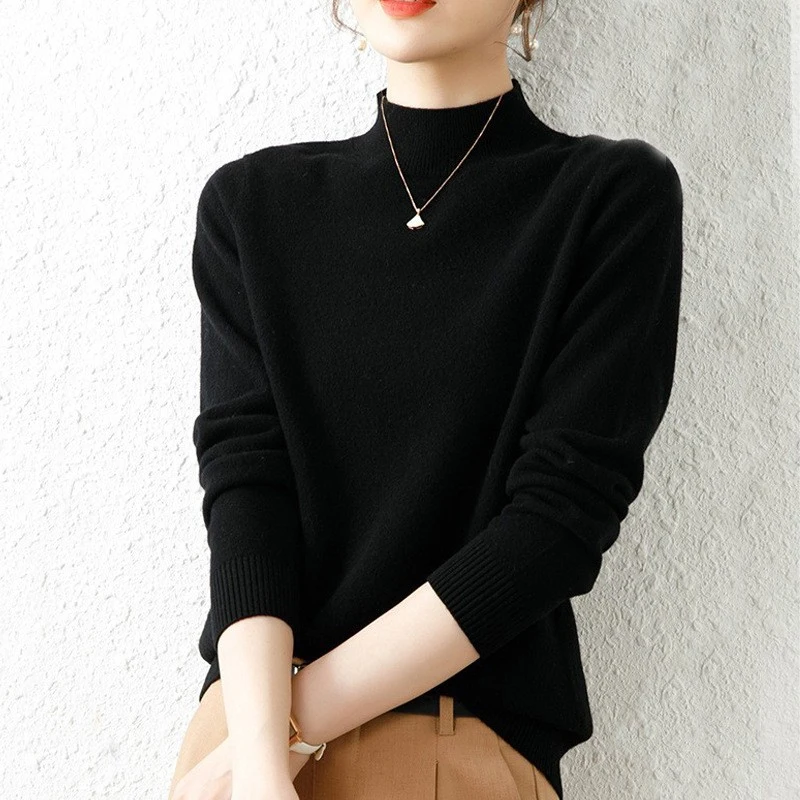 New Half Turtleneck Basic Women Sweater Fashion Pullover Long Sleeve Knitted Loose Top Jumper Casual Solid Simple Autumn Clothes