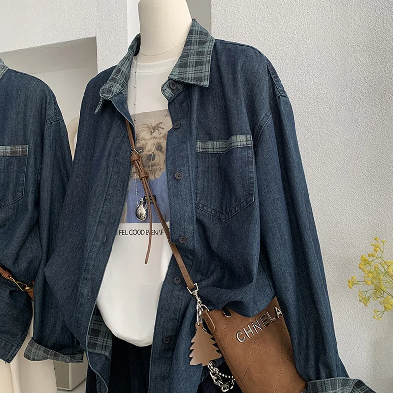 Camisa vaquera con empalme de rejilla para mujer, tops de manga larga holgados y versátiles de longitud media, abrigo informal Vintage a la moda, otoño y primavera