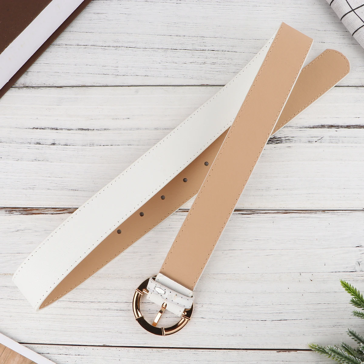 

Imitation Waist Belt PU Girdle White Elastic Fashion Round Pin Buckle Wide Belts Solid Durable Long Term Use