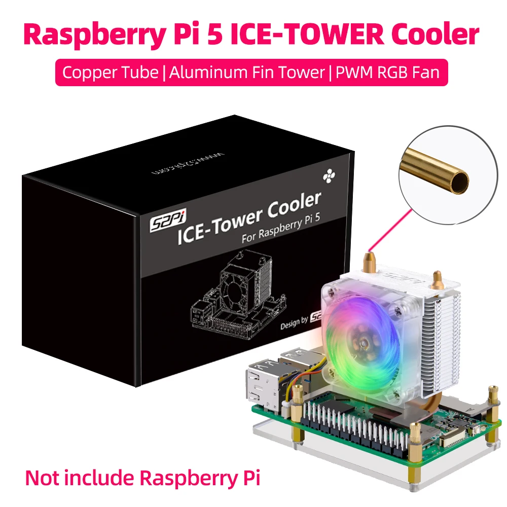 Raspberry Pi 5 ICE Tower Cooler Copper Tube CPU Radiator PWM JST RGB LED Light Cooling Fan for RPI5 Pi 5