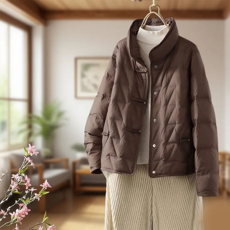 Winter Down Puffer Jackets Women New Chinese Style Short White Duck Down Padded Coat Women Stand Collar Outerwear JK-328