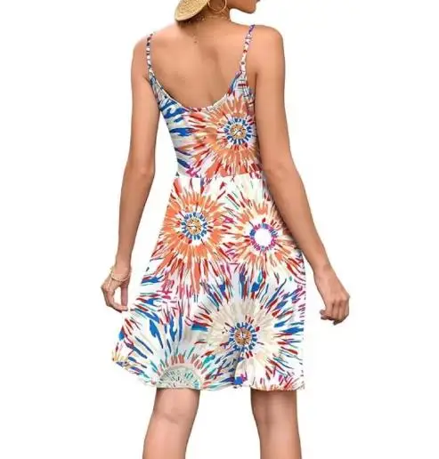 Summer Dress Woman 2025 V-Neck Casual Beach Flowing Mini Dress for Women Elegant Casual Floral Print High Waist Suspender Dress