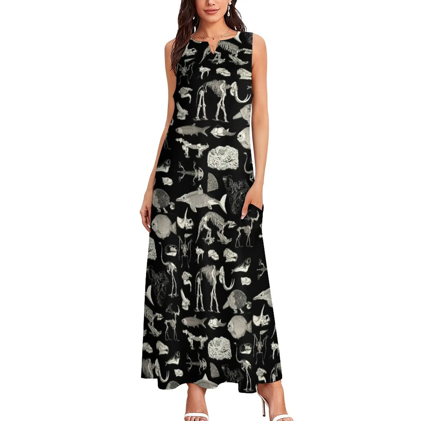 Various Skeletons Dress Paleontology Print Cute Maxi Dress Street Wear Casual Long Dresses Women Sleeveless Vestido Big Size 4XL