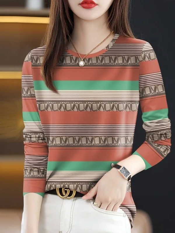 

Fashionable Retro Striped round Neck Long Sleeve Base Shirt Women's Mommy Style Belly Cover Slimming Trendy Top Casual Wear