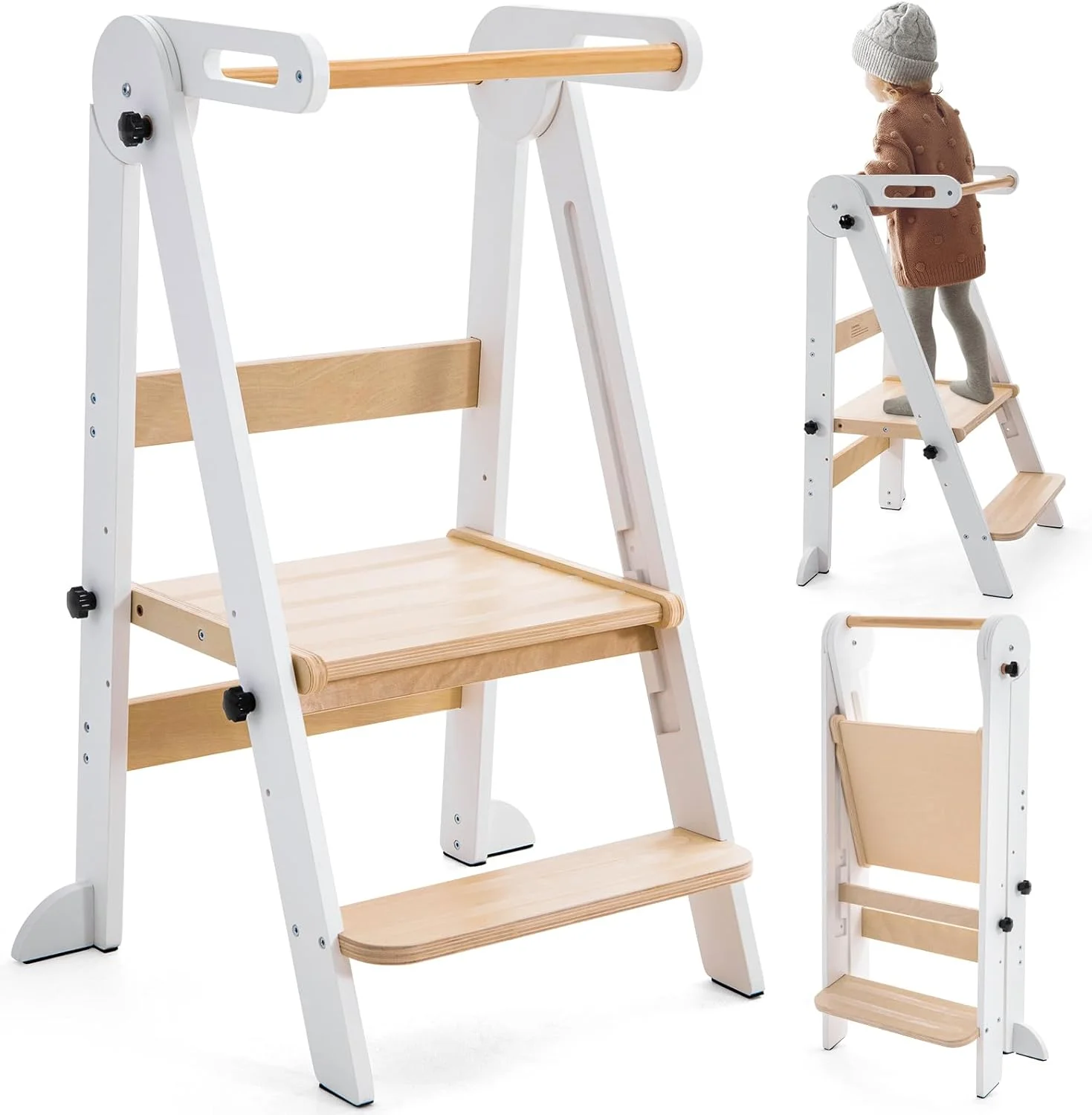 

High Quality European Style Adjustable Height Kids Learning Tower Montessori Furniture Foldable Toddler Stool for Kitchen