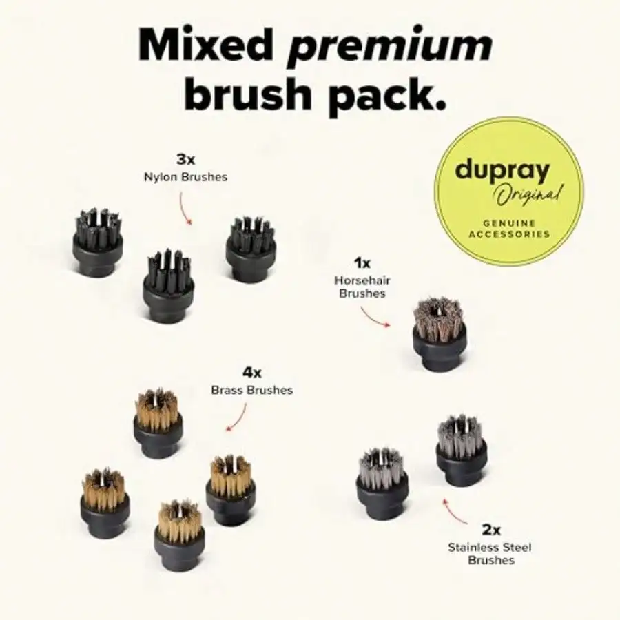 Small Brushes Brass, Horsehair, Nylon And Stainless Steel Accessory Parts For Steam Cleaner Brush Head For Cleaning Grout, Tile, Oven, Car, BBQ, Kitchen And Bathroom 10 (Assorted Brushes)