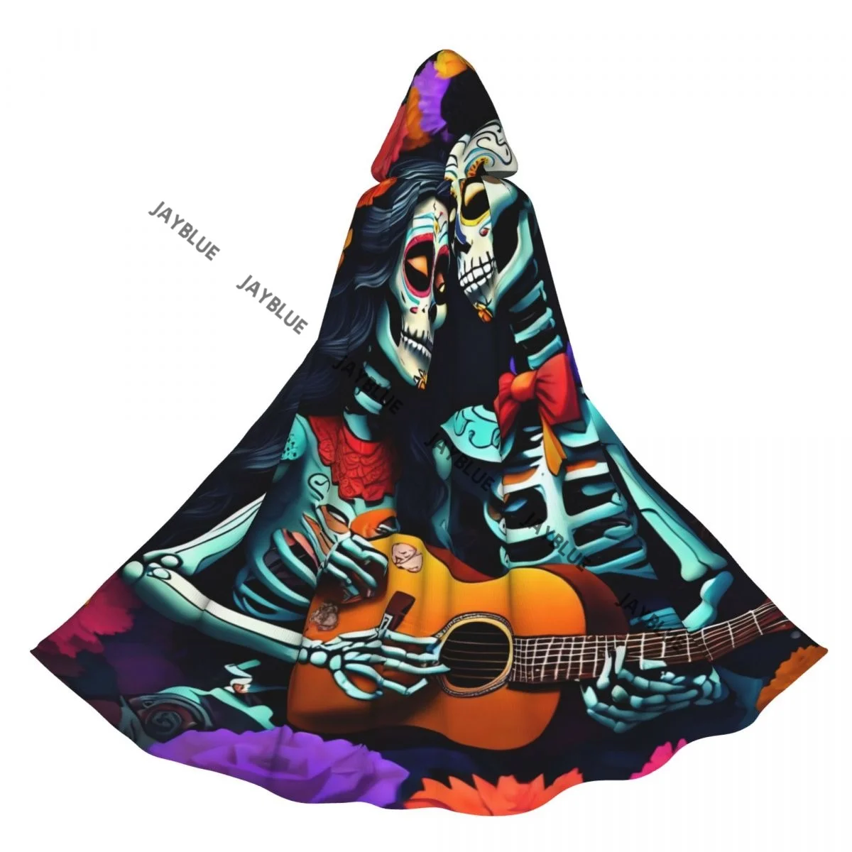 Unisex Witch Party Reversible Hooded Adult Vampires Cape Cloak Day Of The Dead Sugar Skull Couple With Guitar And Flowers