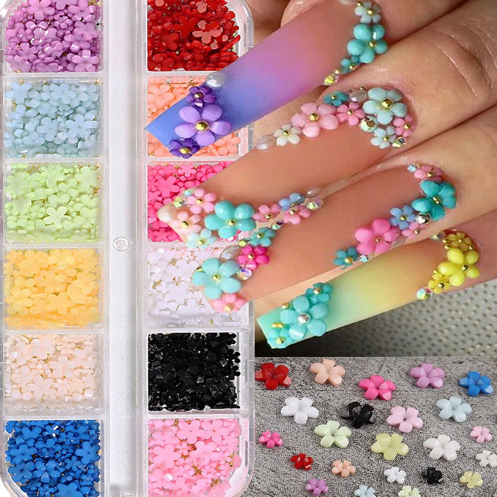 12 vigas 3D coloridas flores acrílicas para uñas con perlas mezcladas cuentas de Caviar lindo 5 pétalos florales DIY gemas para uñas suministros para uñas