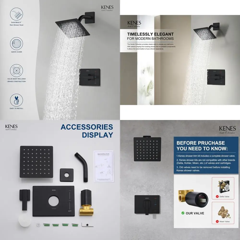 6 Square Rainfall Shower System with Matte Black Faucet and Handle, Wall-Mounted, KE-6025B-2 (Valve Included)