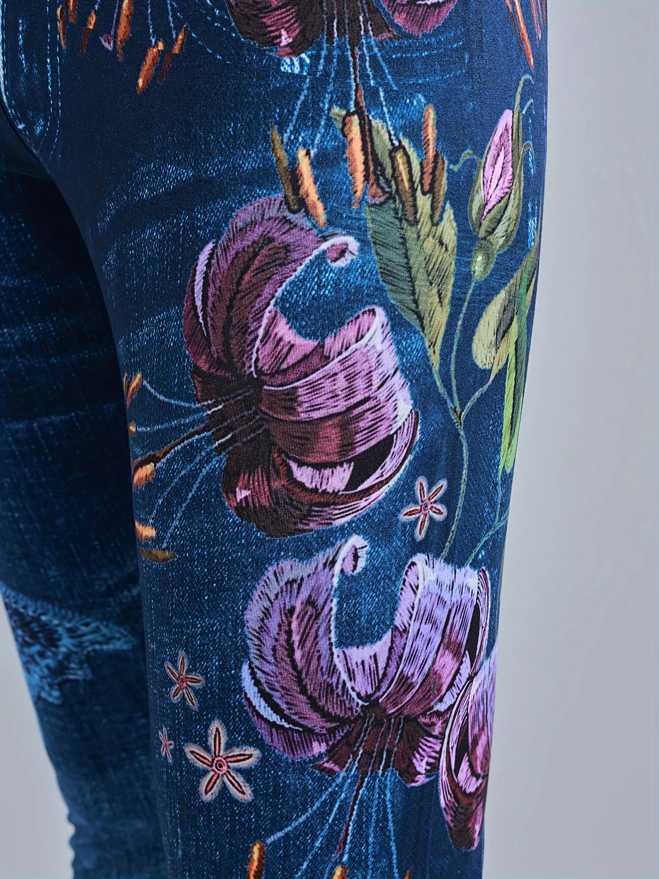 Nieuwe Stijl Denim Geïnspireerde Broek Met Bloemenprint En Slanke Pasvorm Met Hoge Elasticiteit, Casual Leggings Met Hoge Taille Voor Dames