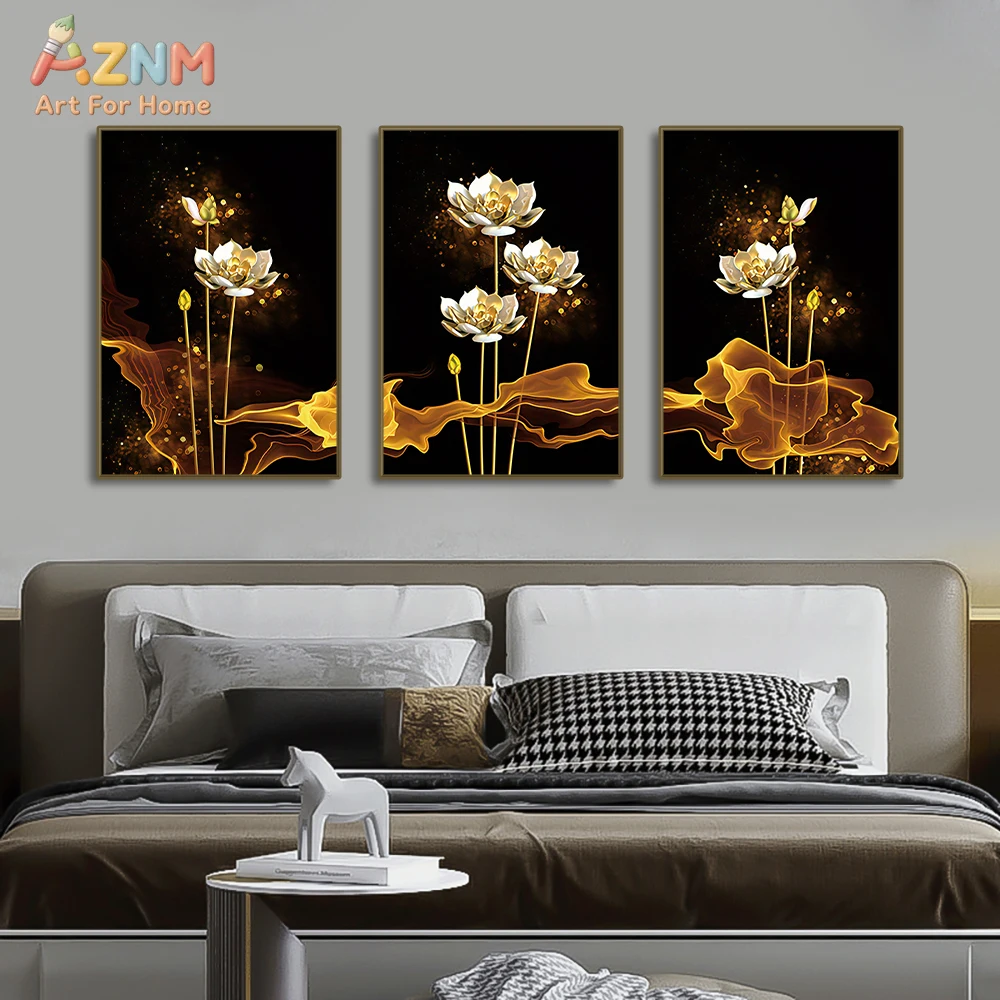 3PCS Luxury Black and Gold Lotus Flower Canvas Wall Art Prints Set, Modern Abstract Golden Floral Artwork Posters, No Frame Eleg