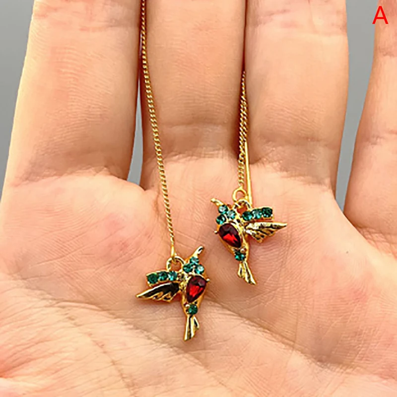 Hummingbird Long Drop Earrings Bird Pendant Tassel Crystal Pendant Earrings