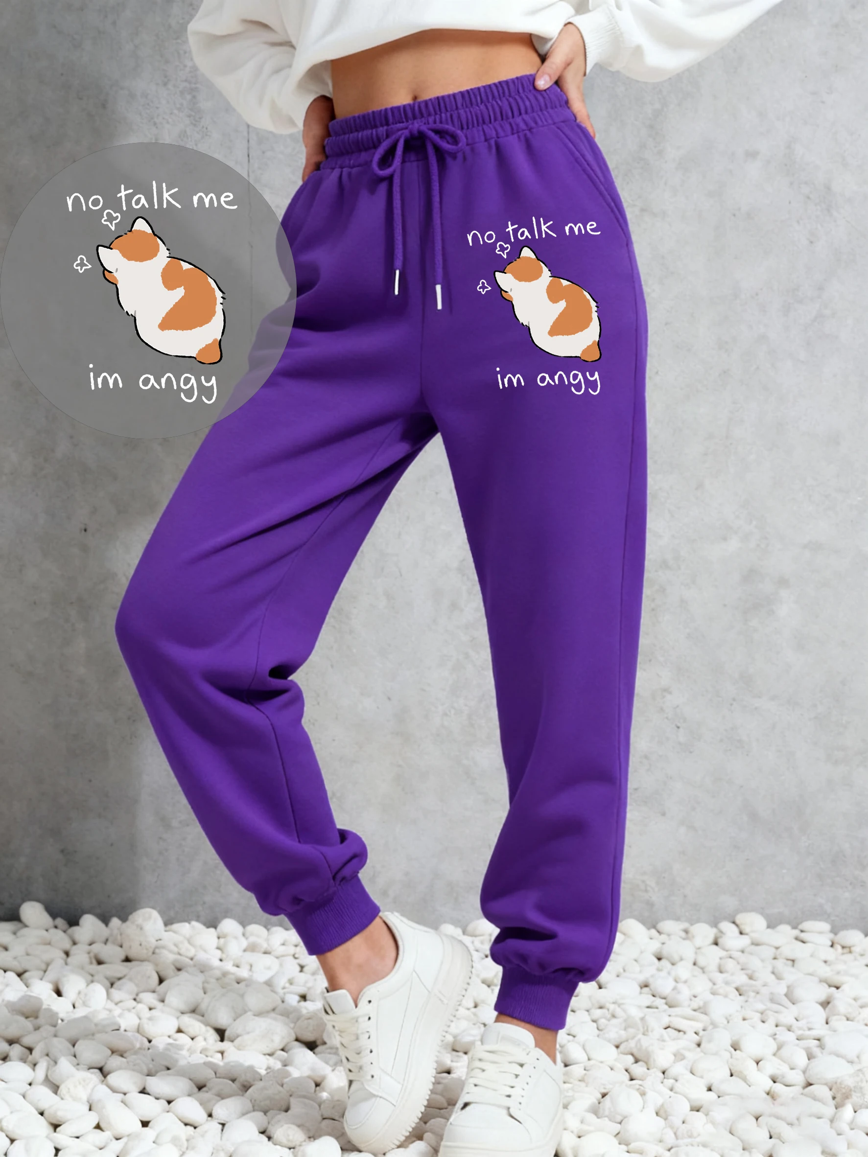 

No Talk Me I Anay Angry Cat Print Женские спортивные штаны Уличные флисовые брюки Осенние мягкие спортивные штаны Y2K Спортивные разноцветные брюки