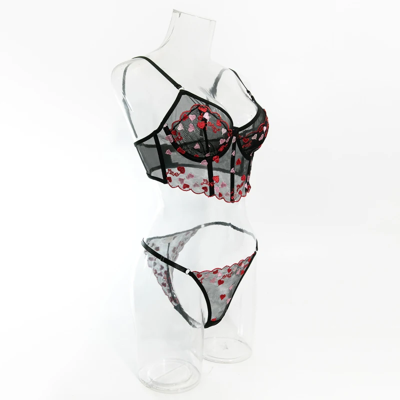 Bikini with heart embroidery lingerie set for women, thin mesh see-through sexy swimsuit