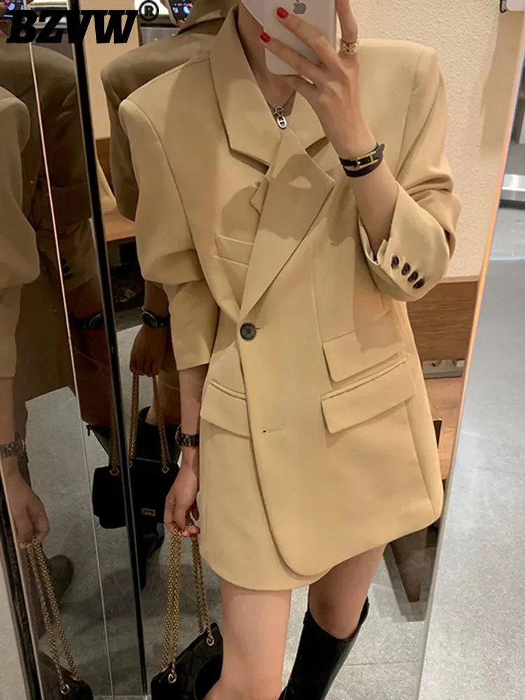 BZVW Office Lady Mid Length Blazer For Women Notched Long Sleeves Single Breasted Solid Color Coat 2024 Autumn New 25A8688