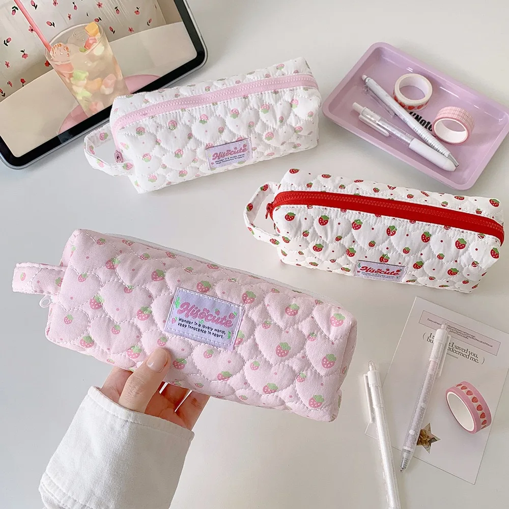 Soft Makeup Bag Korean Student Pencil Case Pencil Bag Cream Strawberry Print For Stationery Storage Small Cosmetics Personal