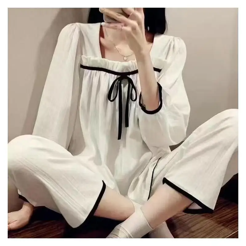 

Princess Style Long Sleeve Long Pants Sleepwear for Women Spring Autumn Plus Size 220 Pounds Two Piece Home Clothes Outerwear