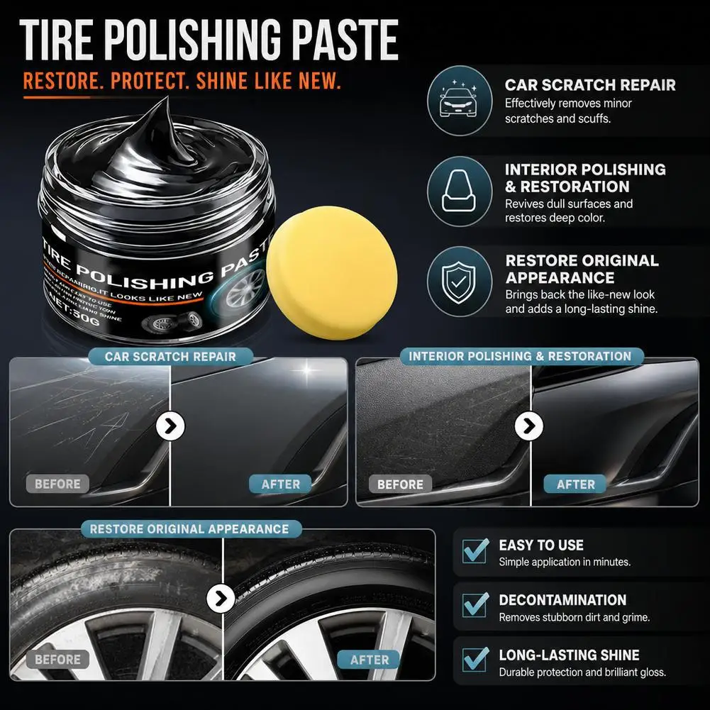 Long Lasting Tire Shine Polishing Paste Waterproof Anti Cracking Car Wheel Gloss Coating Maintenance Paste With Sponge 30/50G