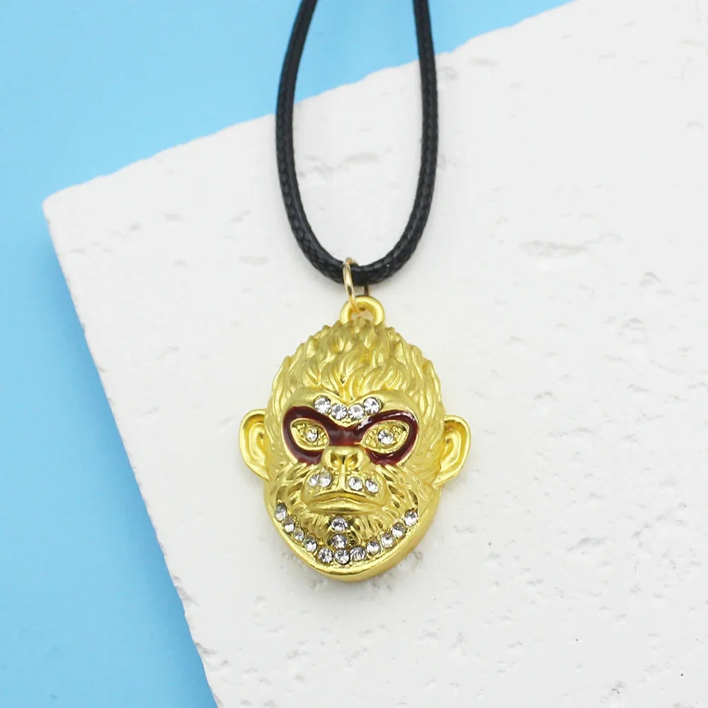 Black Mythology Wukong ManMonkey Golden Head Pendant Leather Rope Chokers Necklace For Women Men Clavicle Jewelry Girl Boy