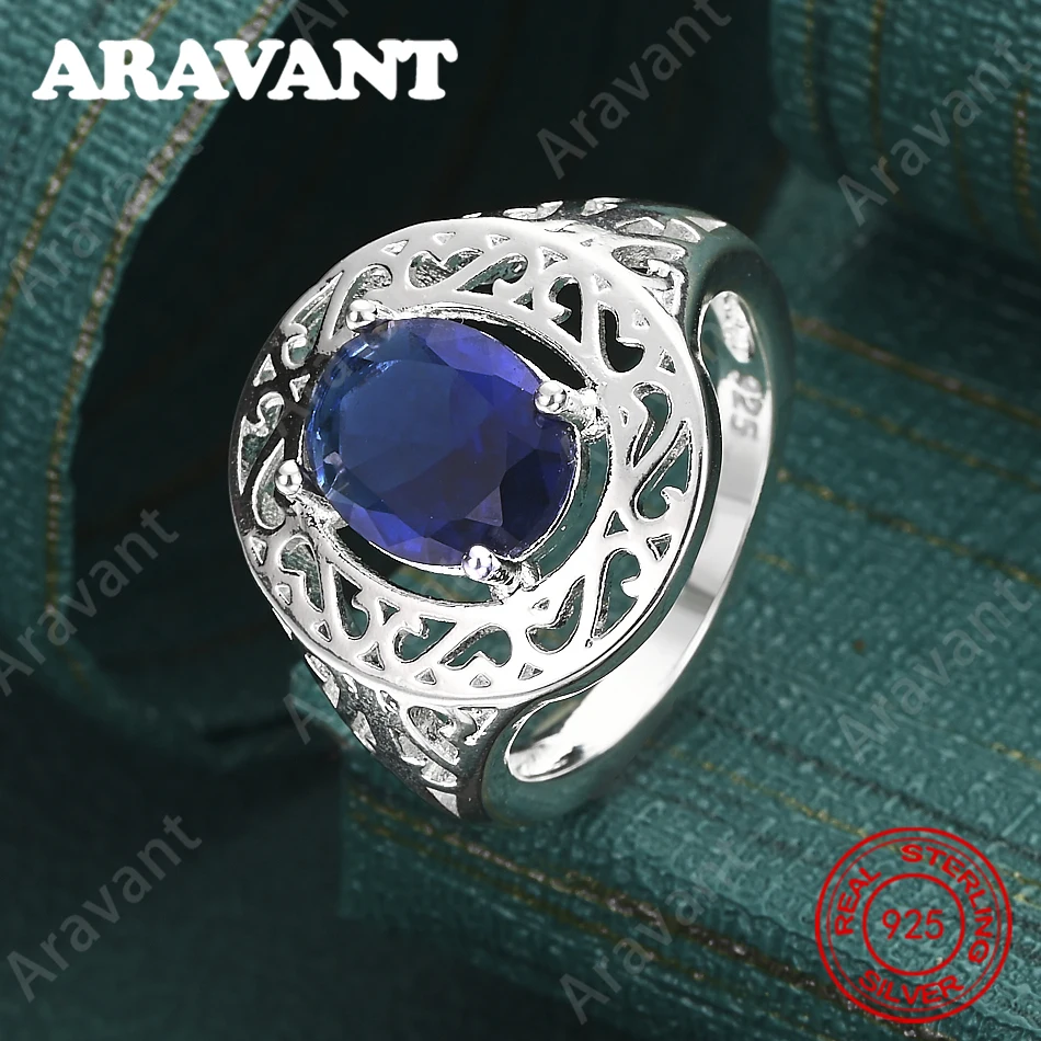 925 Sterling Silber Blauer Zirkon Runder Openwork-Ring für Damen – Exquisiter und süßer Hochzeitsschmuck