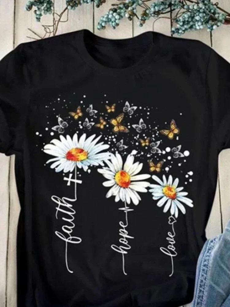 Faith Hope Love Daisy Print T Shirt Women Short Sleeve O Neck Loose Tshirt Summer Women Tee Shirt Tops Camisetas Mujer