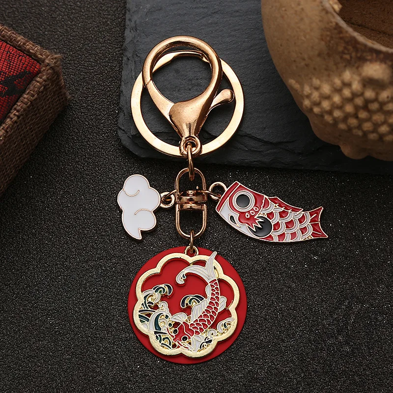Fashion Chinese Style Koi Greetings Keychains Creative Cartoon Clouds Red Flower Keychain Car Bag Key Chain Pendant Jewelry Gift