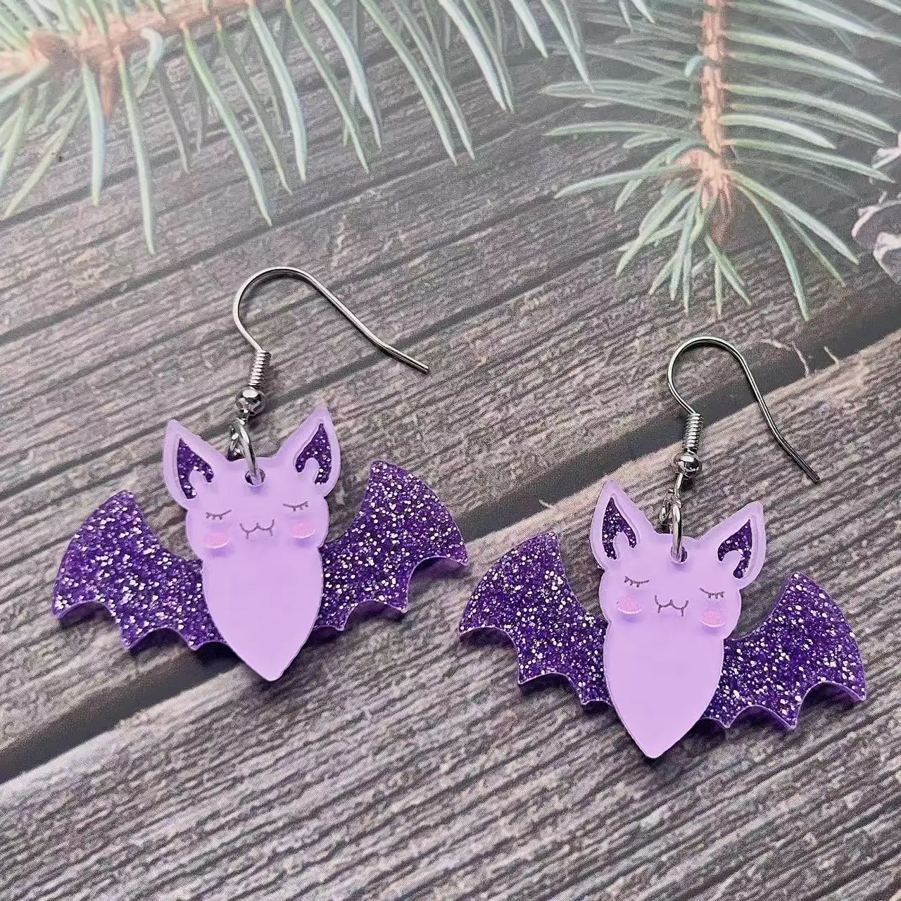 New Purple Glittery Spooky Halloween Bat Earrings | Acrylic Spliced Design, Sequin Studs