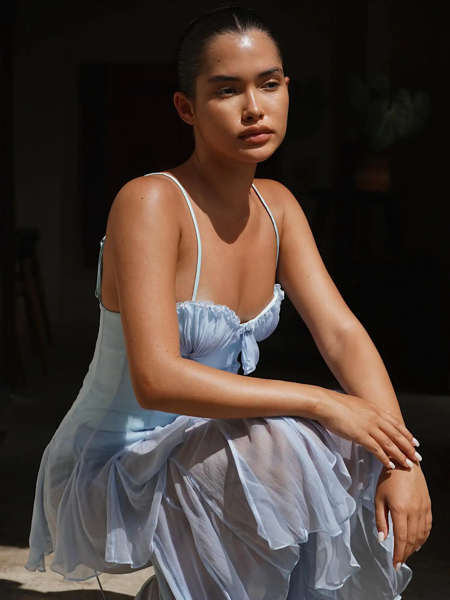 See Thru Light Blue Tiered Chiffon Evening Dress Sexy Sleeveless Mesh Ruffles Women Summer Dress Sheer Midi Length Prom Gown