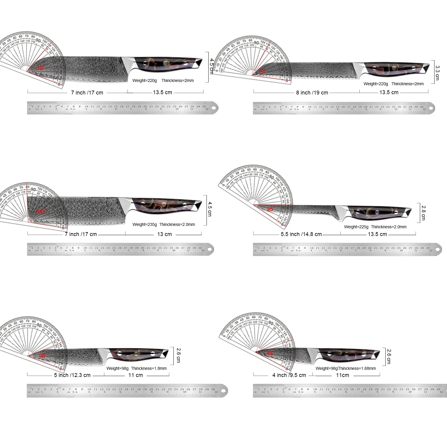 XITUO Damascus Steel 1-6PCS Set Kitchen Knives Sharp Santoku, Paring, Bread Boning Cooking Knives Copper Platinum Resin Handle