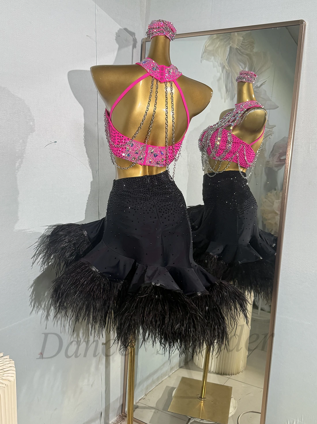 Bailarina latina para niños y adultos, sujetador de cadena personalizado de alta gama, falda esponjosa, vestido de actuación de diamante Samba