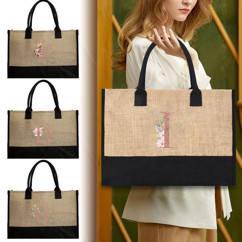 

Tote Bags Women Linen Shopper Large Summer Beach Shopping Handbags Portable Eco Jute Bag 2024 Printing Rose Gold Series