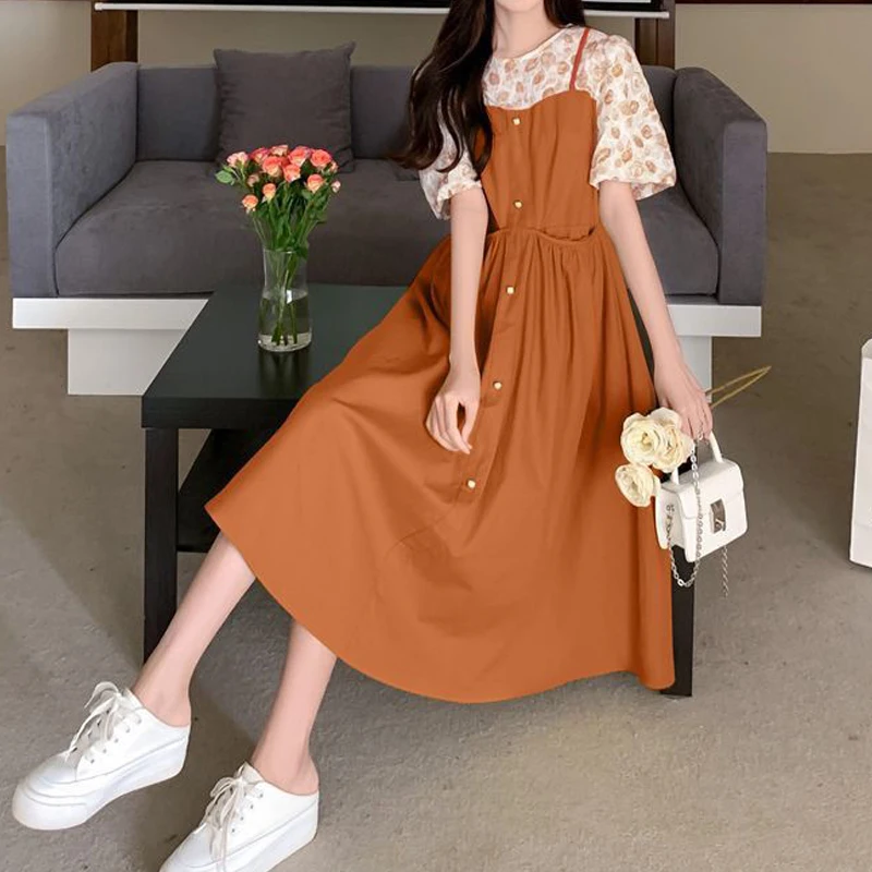 2023 New Summer Women Floral Print Patchwork Sweet Chic Midi Dress Female Fashion Elegant Short Sleeve Slim Casual Dresses Robe