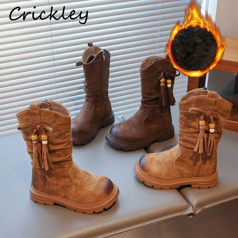 

Складные модные ботинки для девочек с кисточками, замшевые теплые детские винтажные ботинки из искусственной флиса, зимние плюшевые нескользящие детские туфли до середины икры на молнии