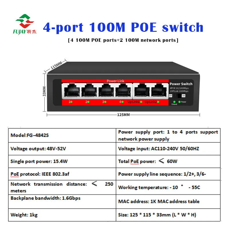 Integrated machine 4 +2 100m Ports Network Ethernet Mini Poe Switch 48v Unmanaged Network Switch