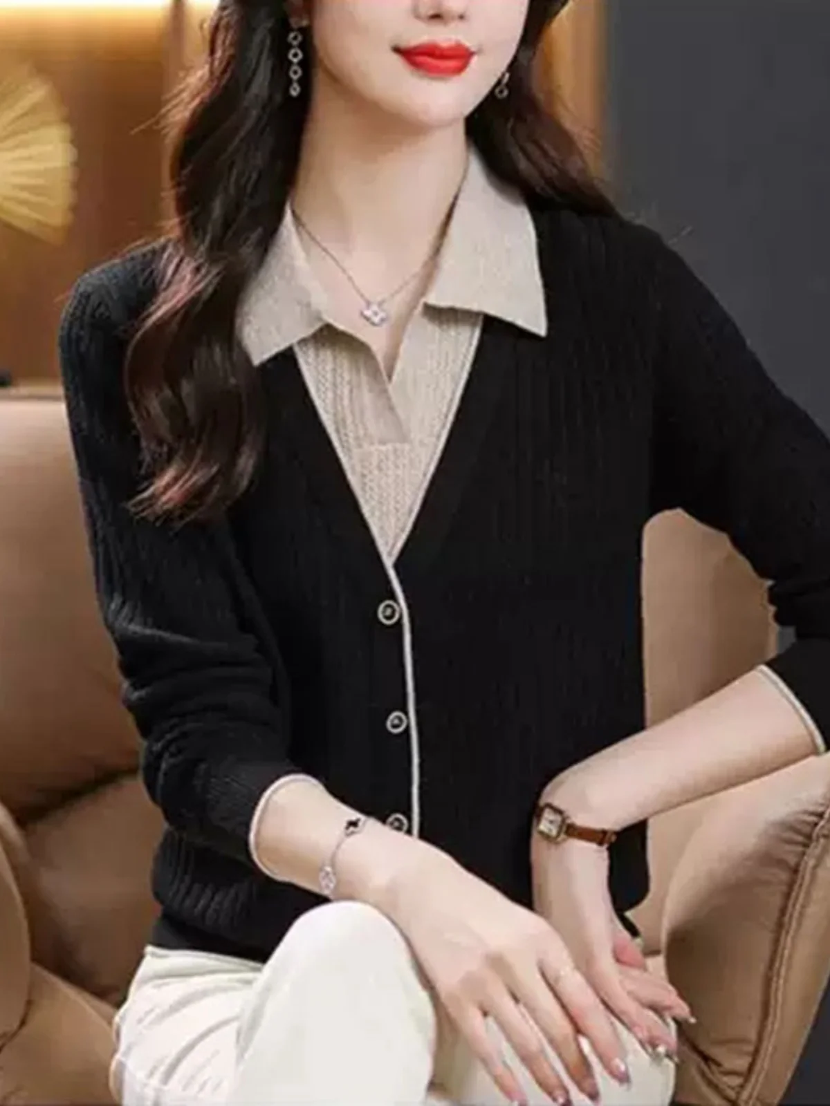 

Autumn Winter New 2025 Women's Collar Knitted Sweater Loose Base Layer Top Trendy Outerwear Faux Two-Piece Warmth