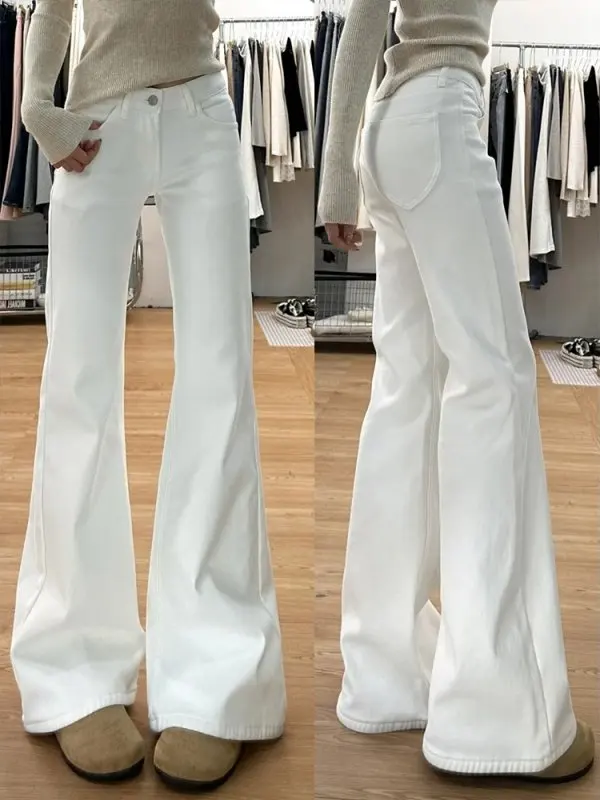 

Белые джинсы-клеш с флисовой подкладкой для женщин больших размеров, свободные прямые брюки с высокой талией, повседневная одежда для осени и весны