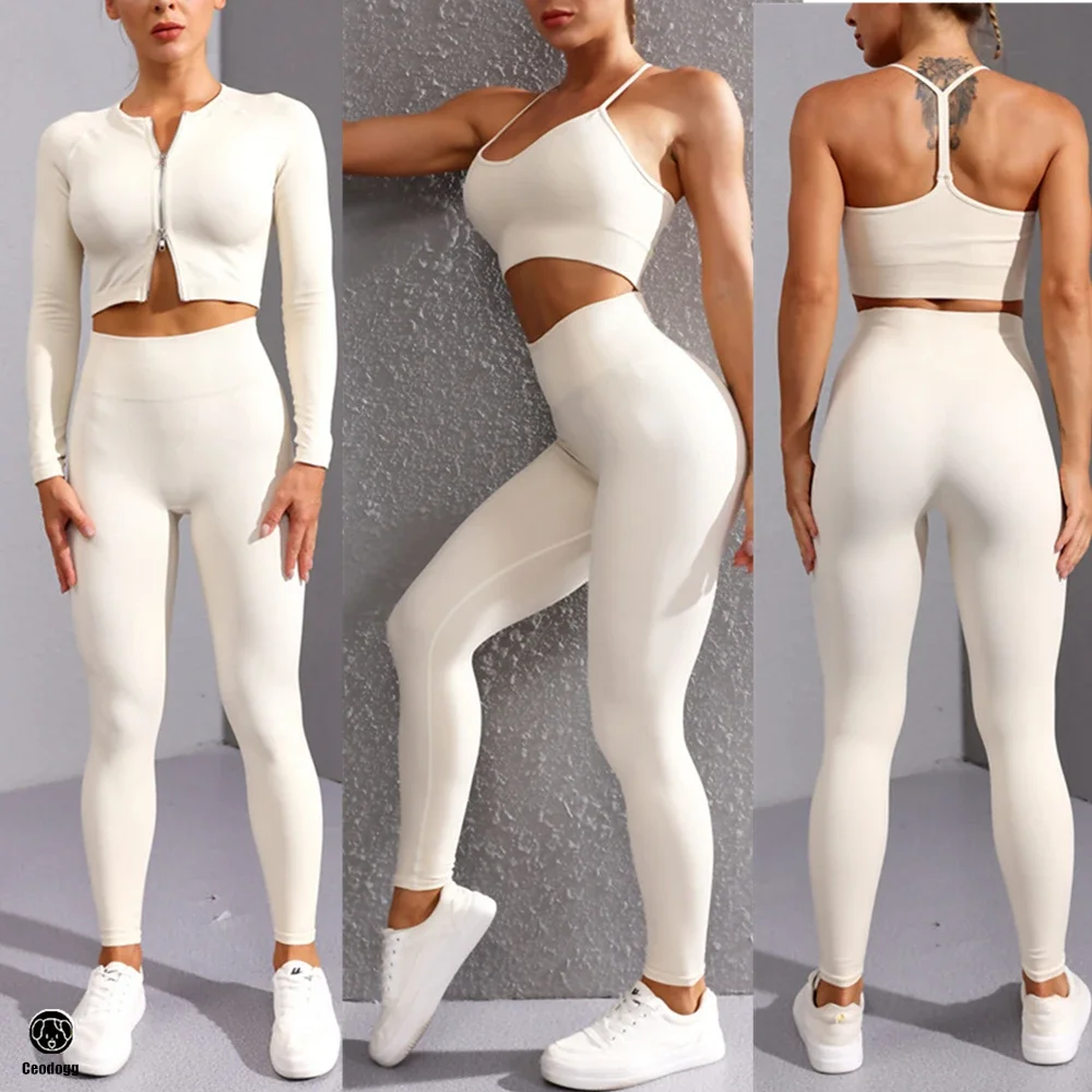 QK Ribbed Women Sport Suit Zipper Yoga Set Gym Workout Long Sleeve Fitness Crop Top High Waist Seamless Leggings Gym Set