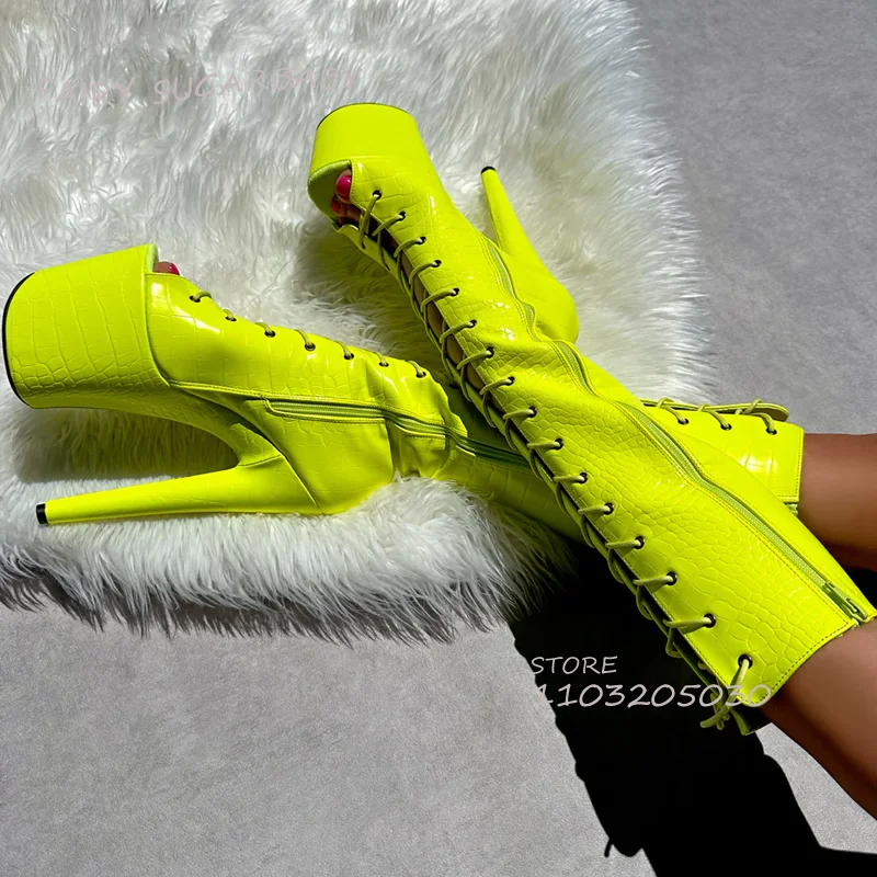 Bright Yellow Dazzling Dance Boots Platform Women Lace Peep Toe Zipper Knee Booties Calf Open Shoes Pole Dance Sexy Girls Shoes