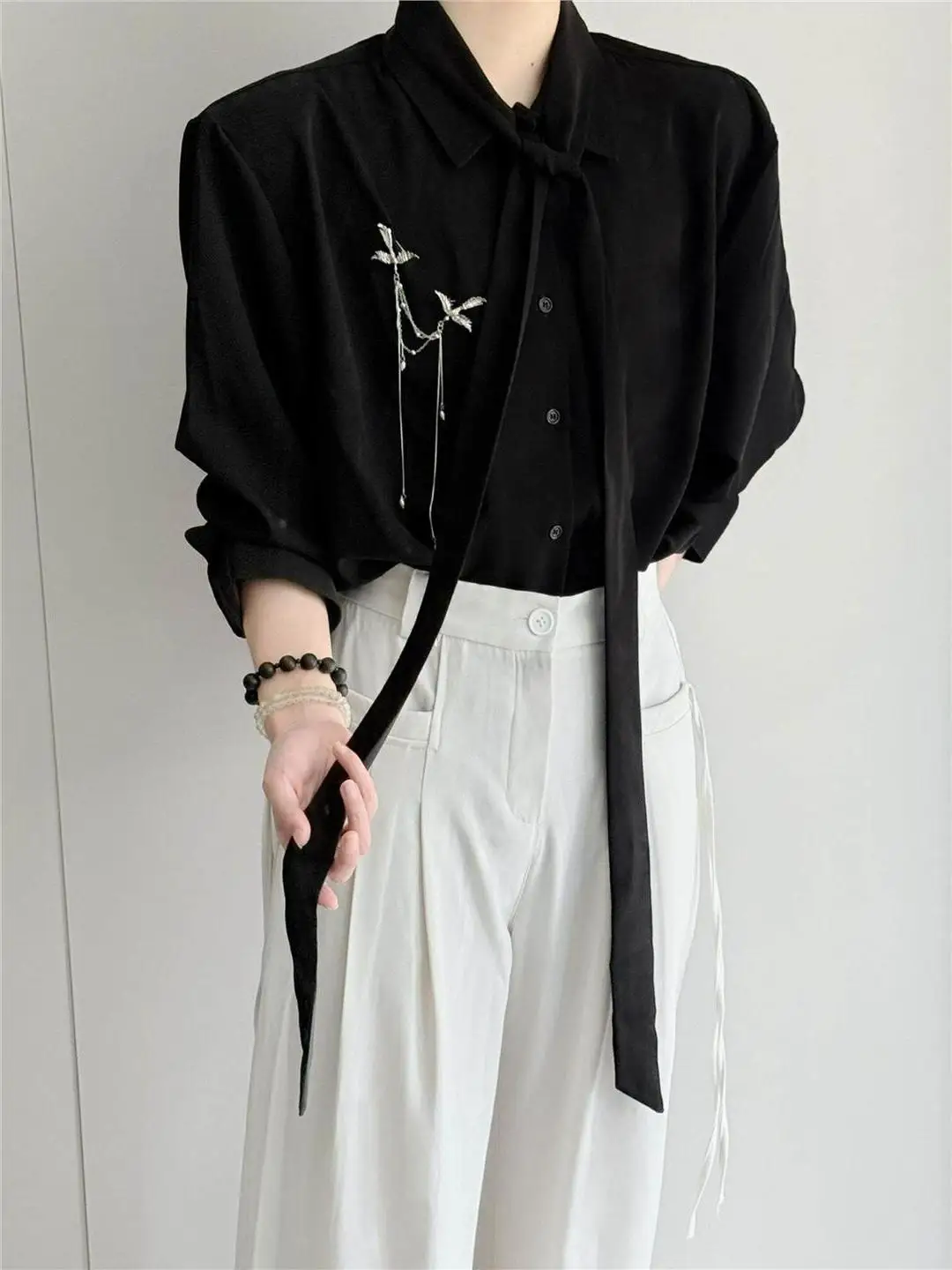 

Retro Lemaire Style Scarf Collar Shirt Spring Autumn New Chinese Style Long Sleeve Loose Fit Breathable Polyester Fiber Shirt