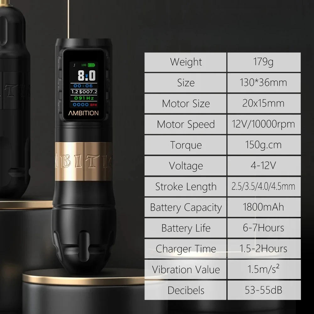 Tattoo Machine 2.5-3.5-4.0-4.5mm Stroke Wireless Tattoo Machine Pen Brushless Motor 1800mAh Color Screen