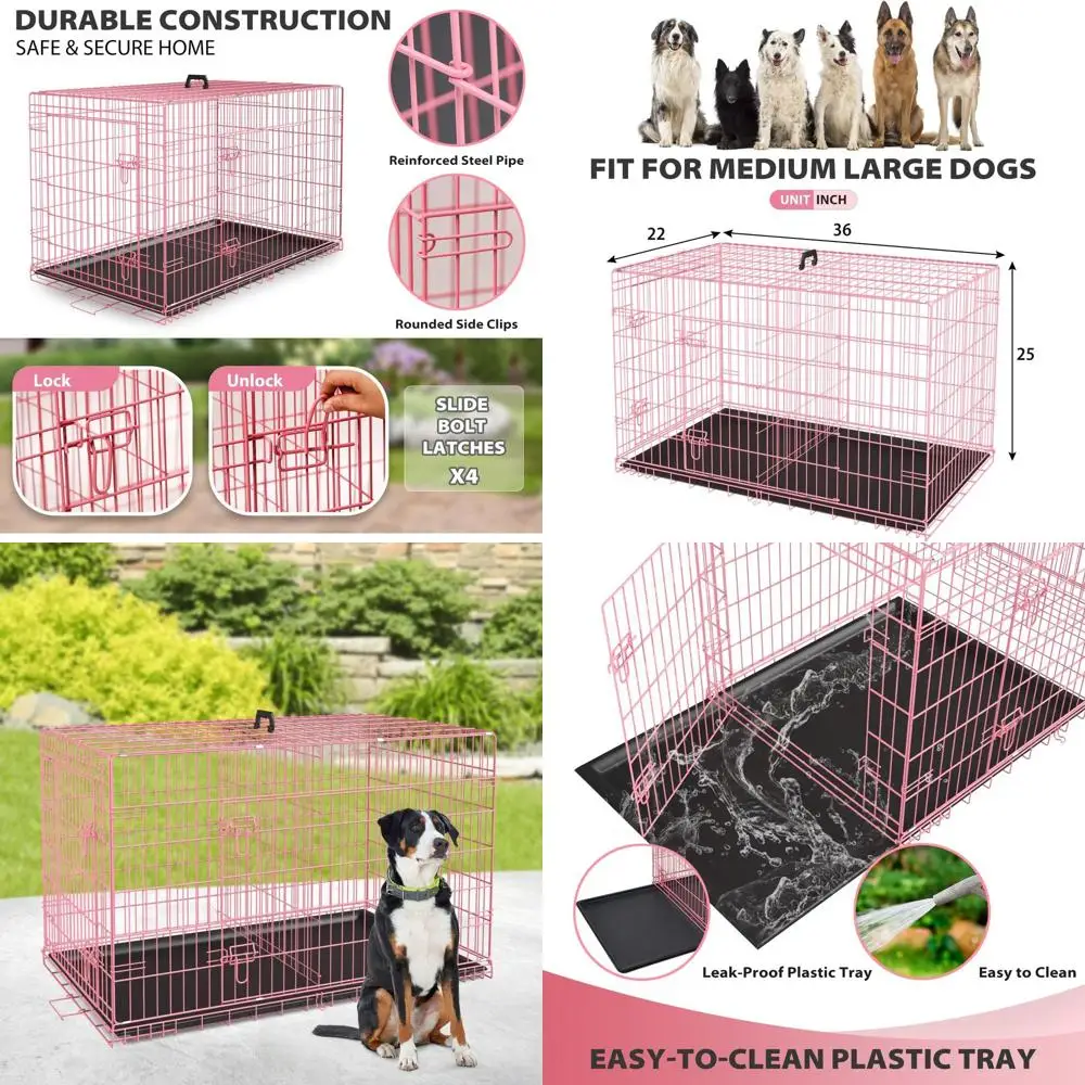 

Portable Pink Metal Dog Crate, 36, Double Door, Secure, Leak-Proof Tray, Suitable for Medium Breeds, Ideal for Travel and Outdoo