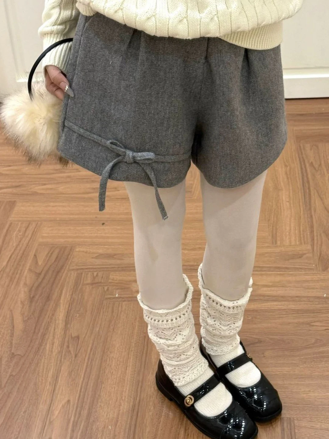

Sweet Japanese Style High Waist Grey Knot Short Pants Casual Autumn Winter Fashion for Young Girls City Walk