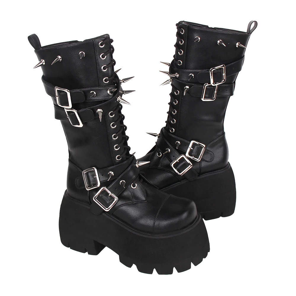 Winter Dark Punk Style Gothic Lolita Short Lolita Boot Super High Heel 10cm Hurajuku Japanese Riding Buckle Women Platform Boots